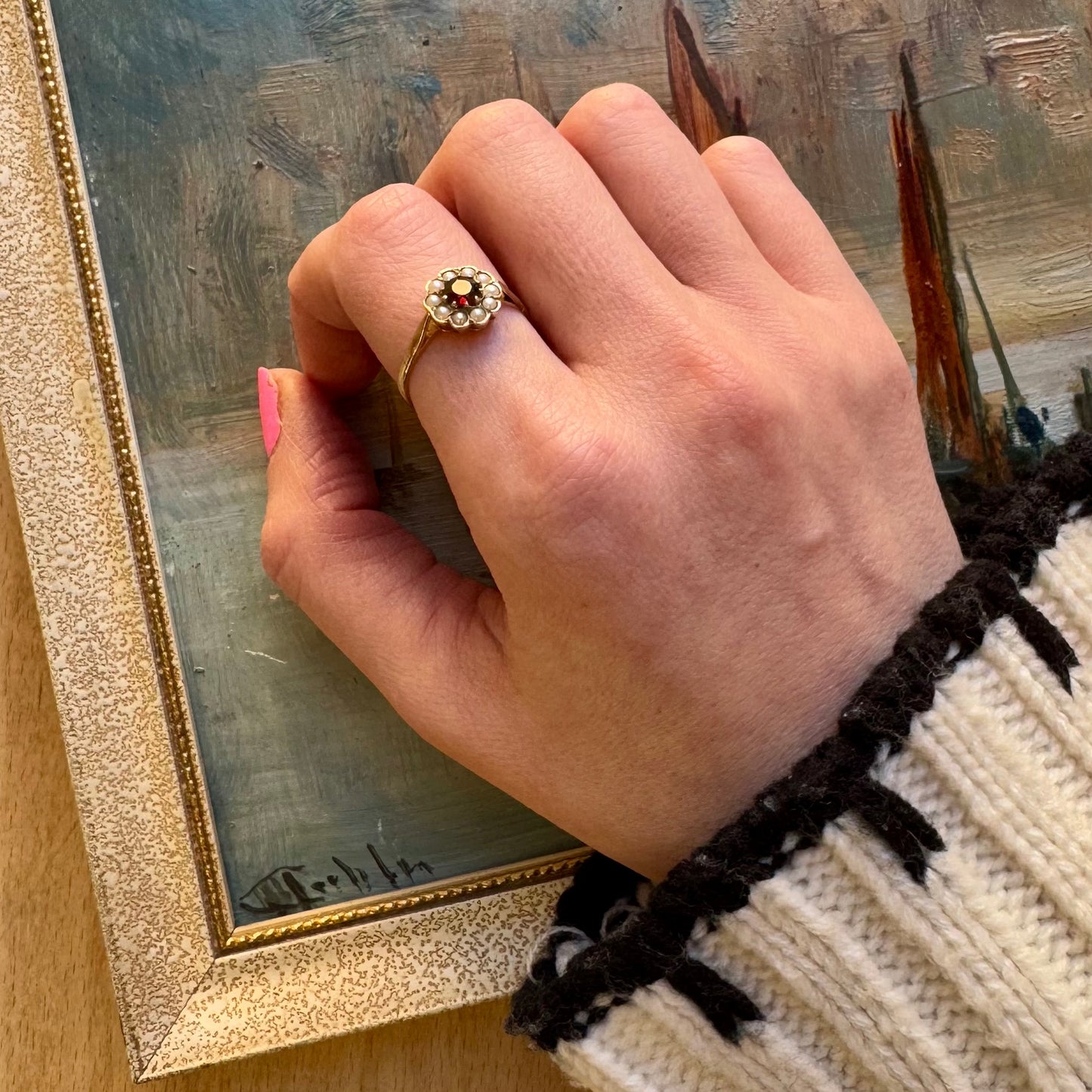 9 Carat Gold Garnet & Split Pearl Cluster Ring