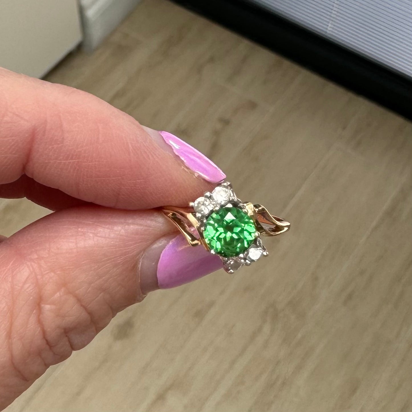 14 Carat Gold Tsavorite Garnet & White Sapphire Ring