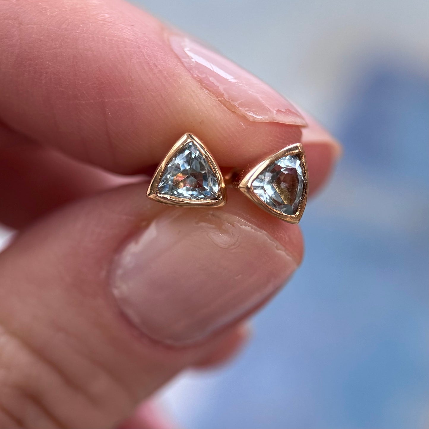 18 Carat Gold Topaz Trilliant Cut Stud Earrings