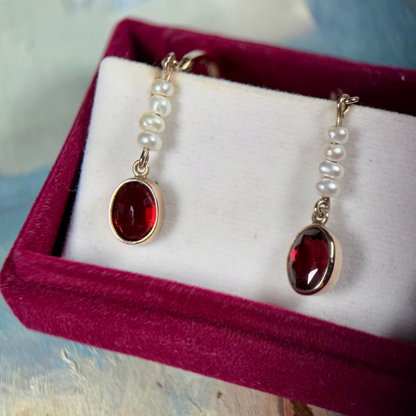 14 Carat Rhodolite Garnet & Seed Pearl Drop Earrings