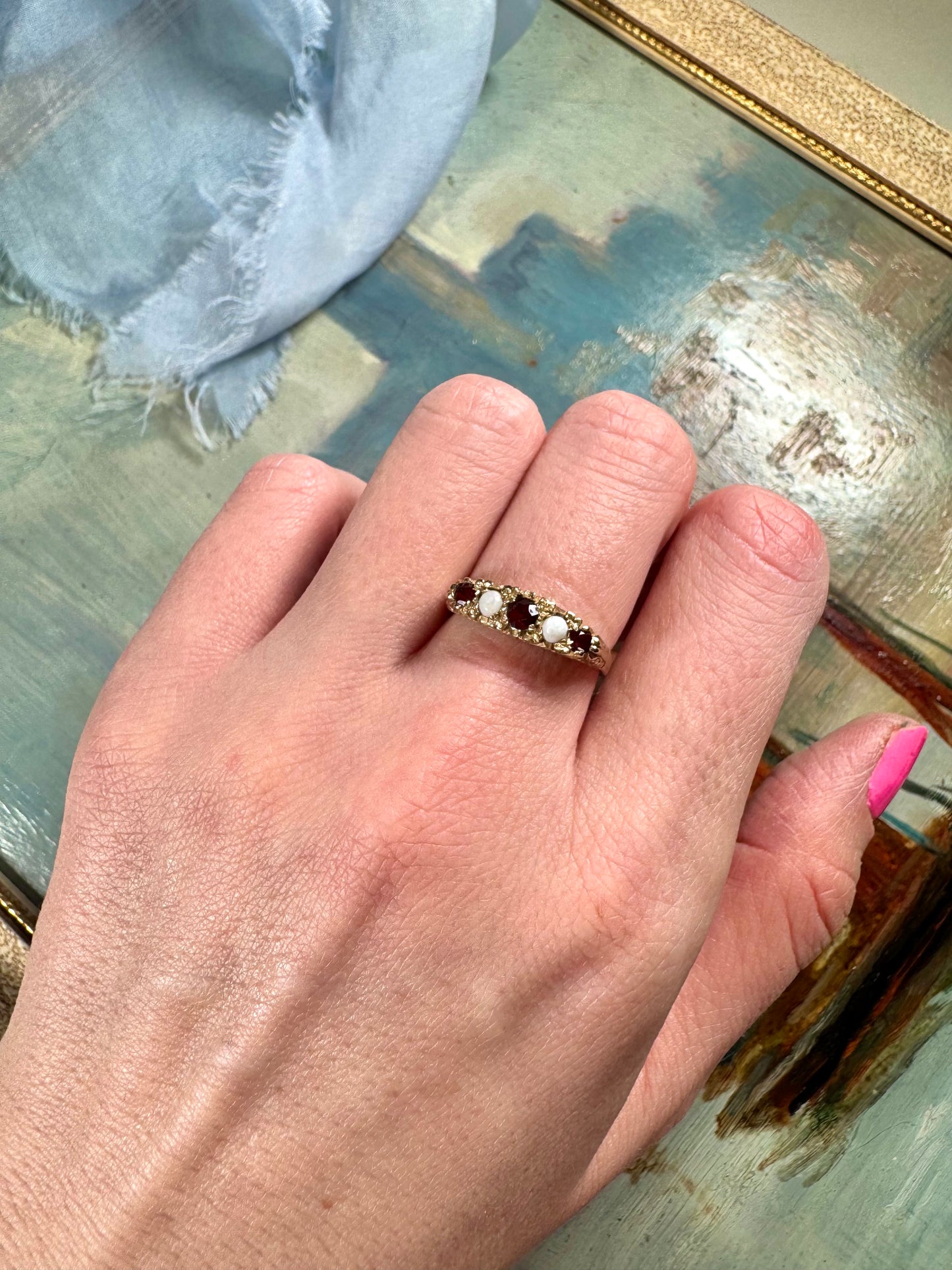 9 Carat Garnet & Opal 5 Stone Ring