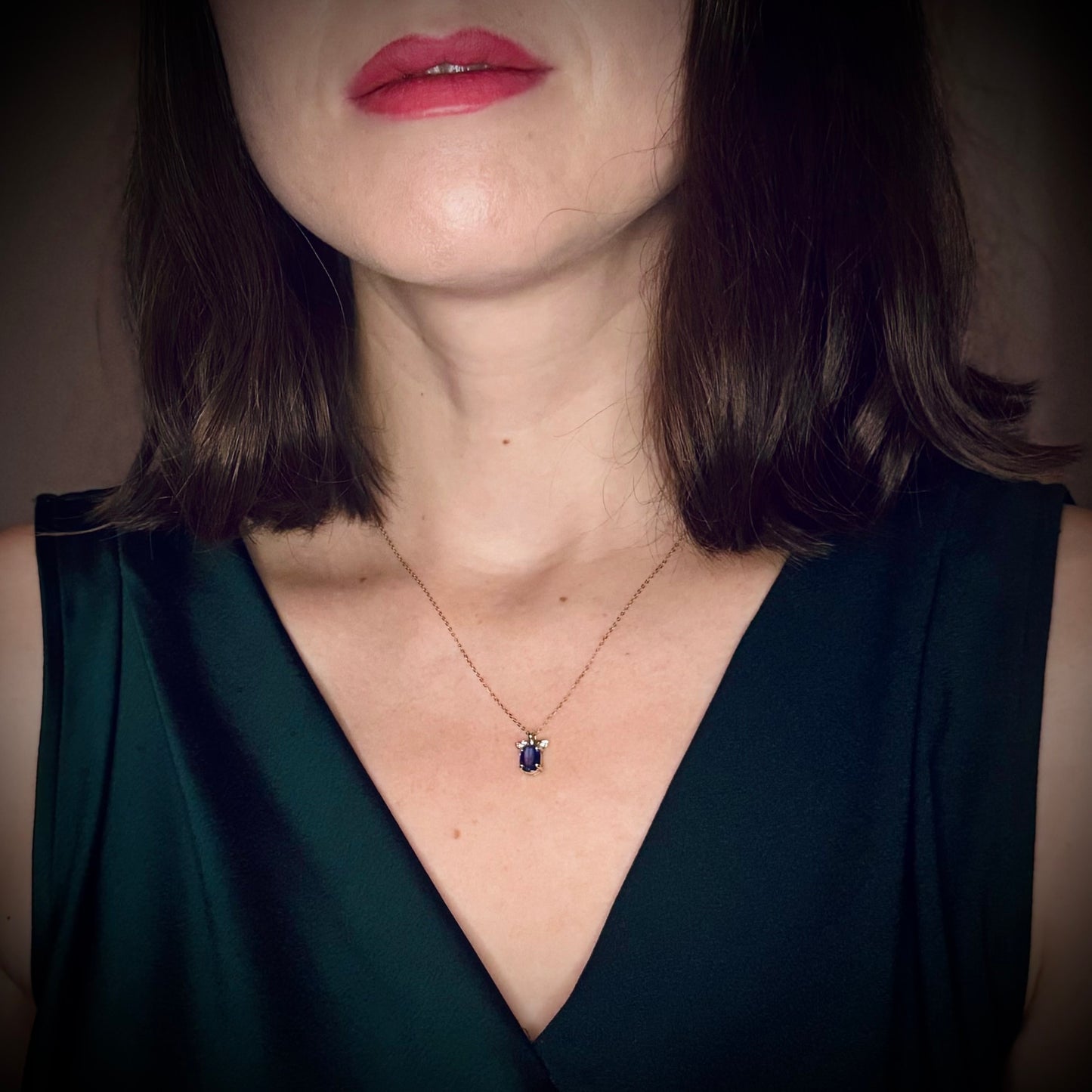 9ct Gold Kyanite Solitaire & Diamond “Bow” Necklace