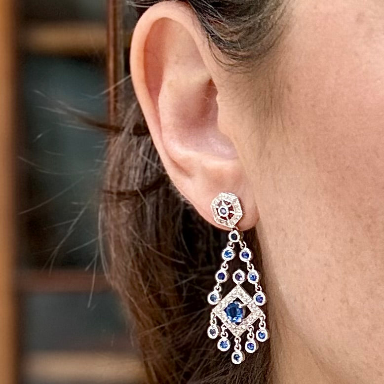 18 Carat White Gold Sapphire & Diamond Articulated Drop Earrings