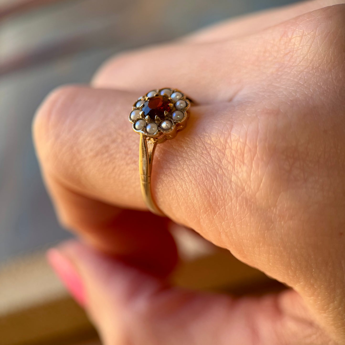 9 Carat Gold Garnet & Split Pearl Cluster Ring