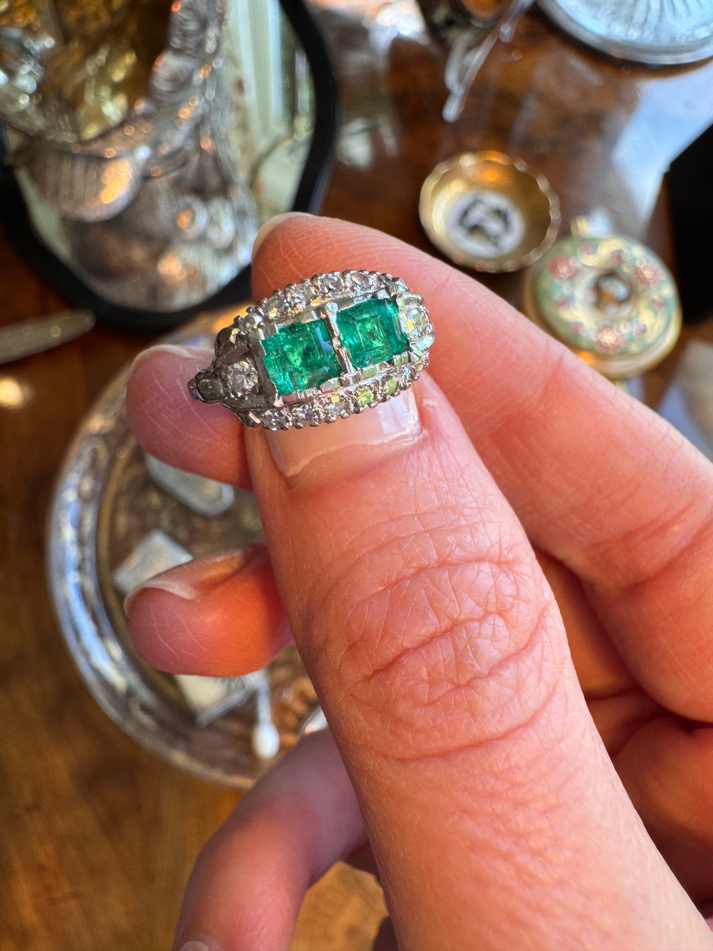 Antique Emerald & Diamond Platinum Ring