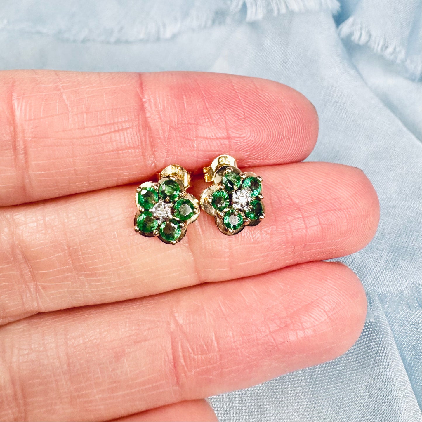 Emerald & Diamond Flower Stud Earrings