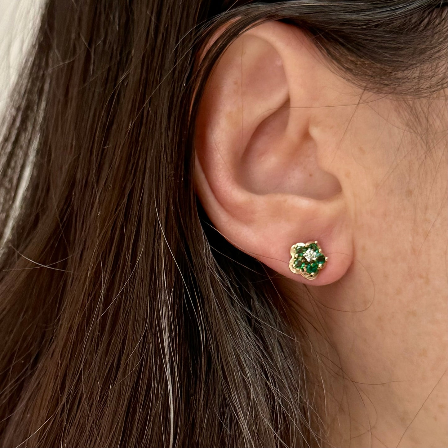 Emerald & Diamond Flower Stud Earrings