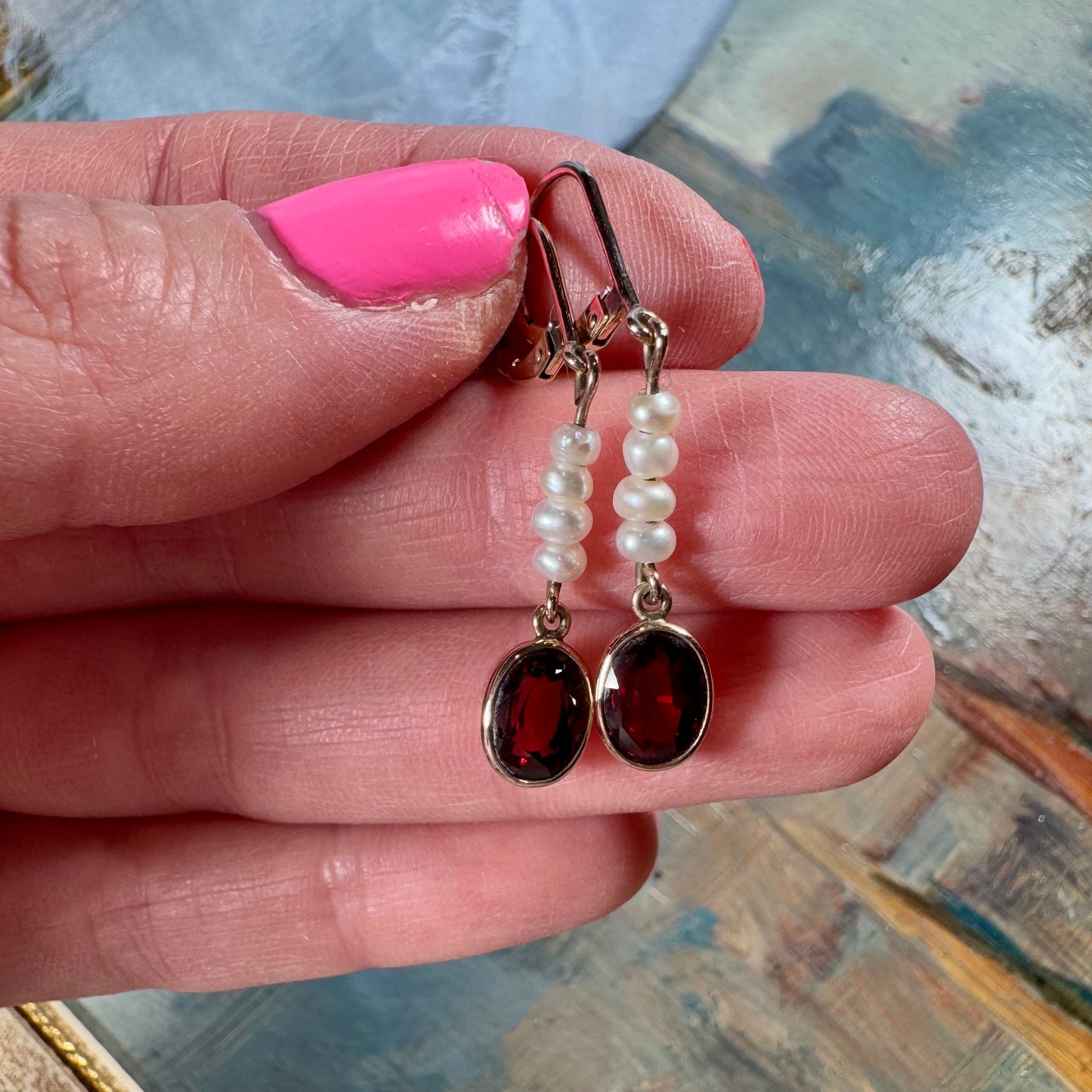 14 Carat Rhodolite Garnet & Seed Pearl Drop Earrings