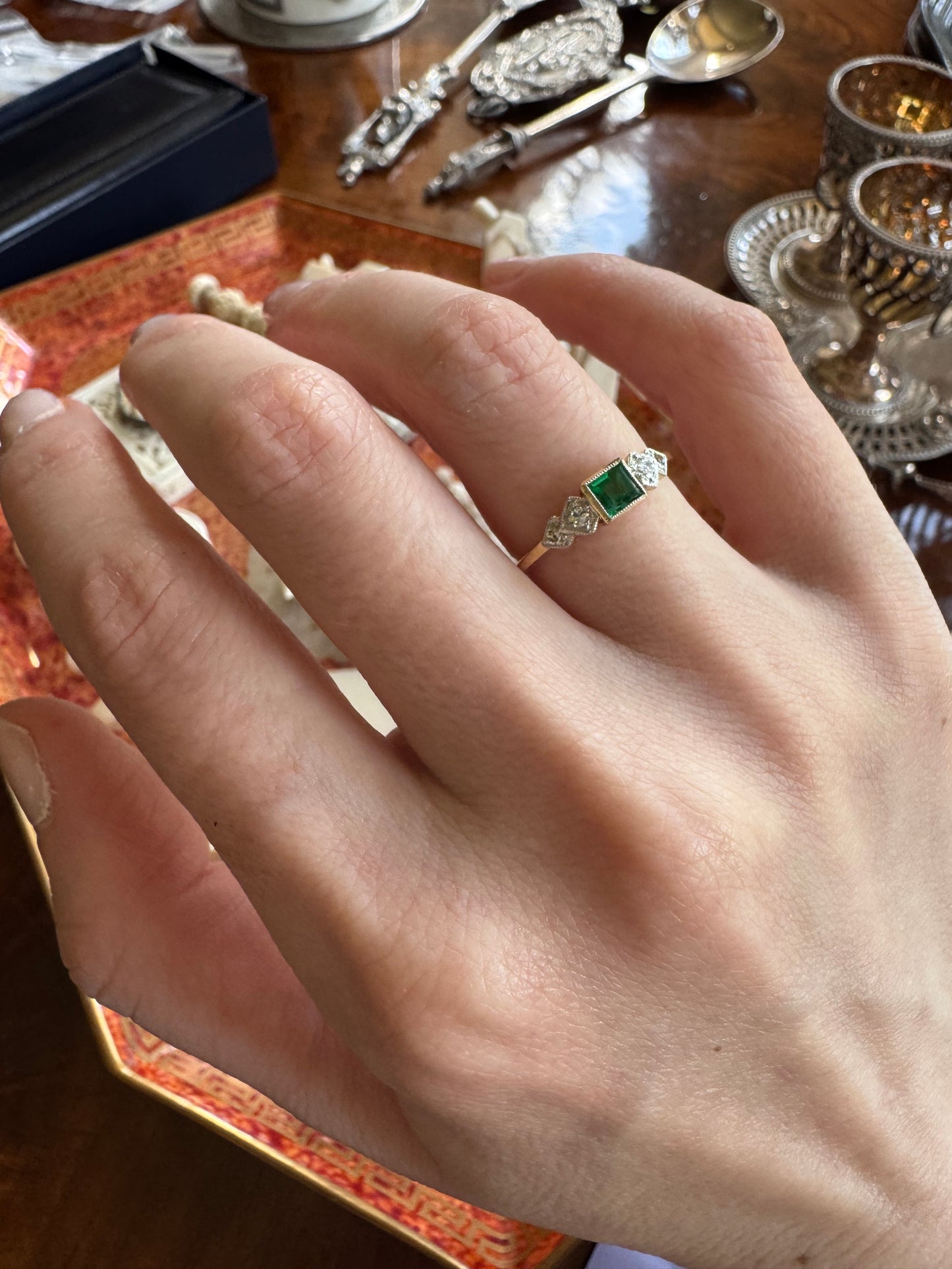 18 Carat Gold Art Deco Era Emerald & Diamond Ring