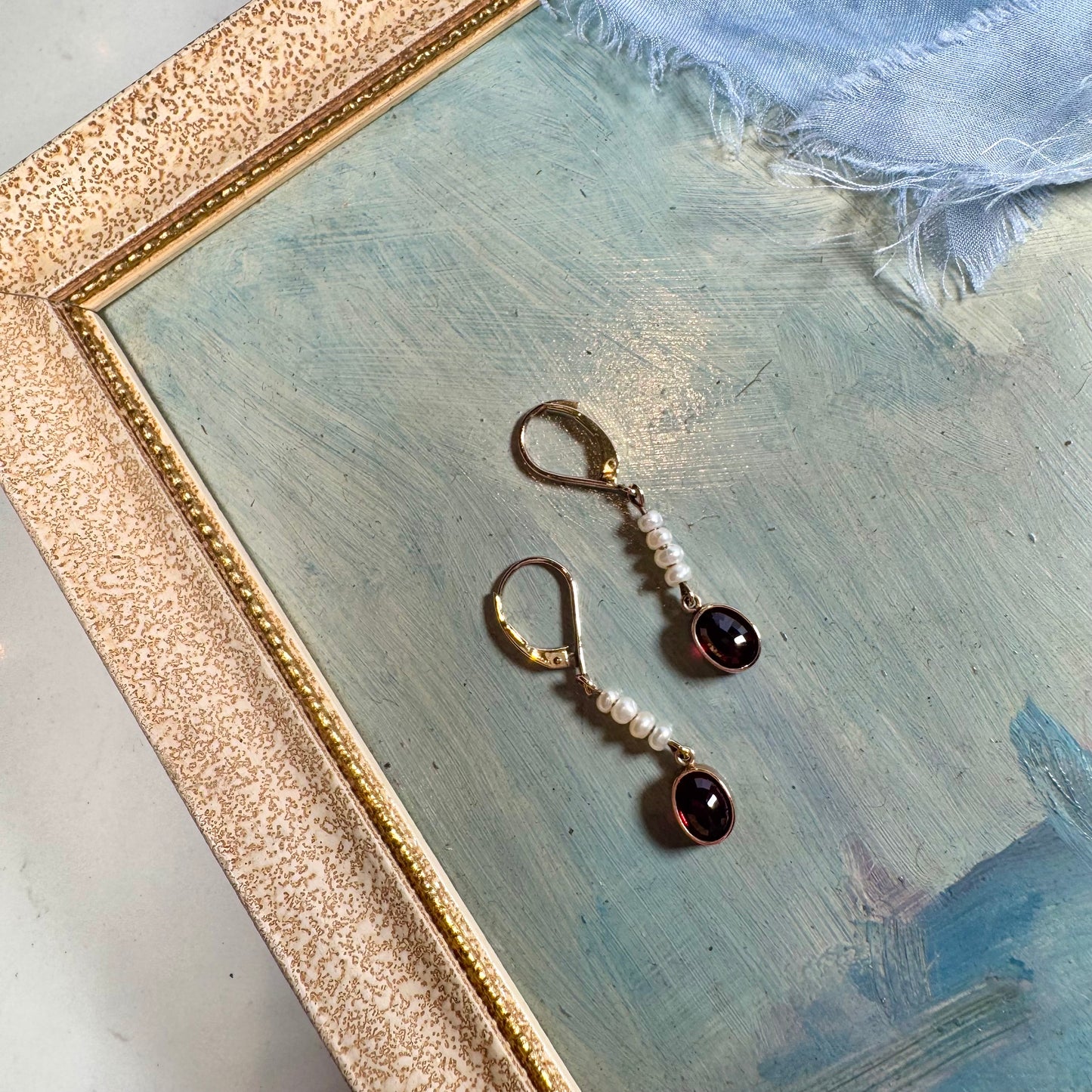 14 Carat Rhodolite Garnet & Seed Pearl Drop Earrings