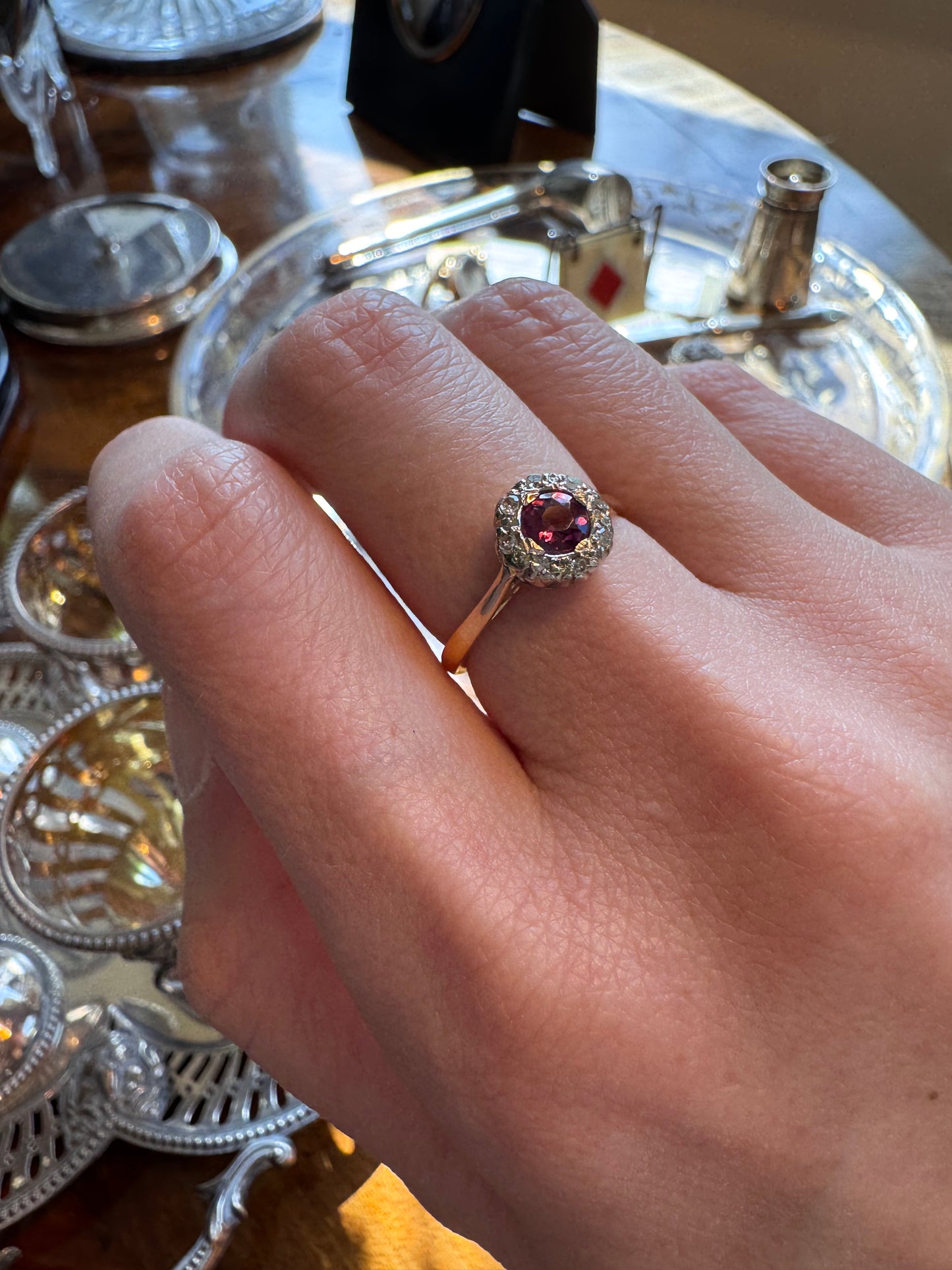 18ct Gold Pink Tourmaline & Diamond Cluster Ring
