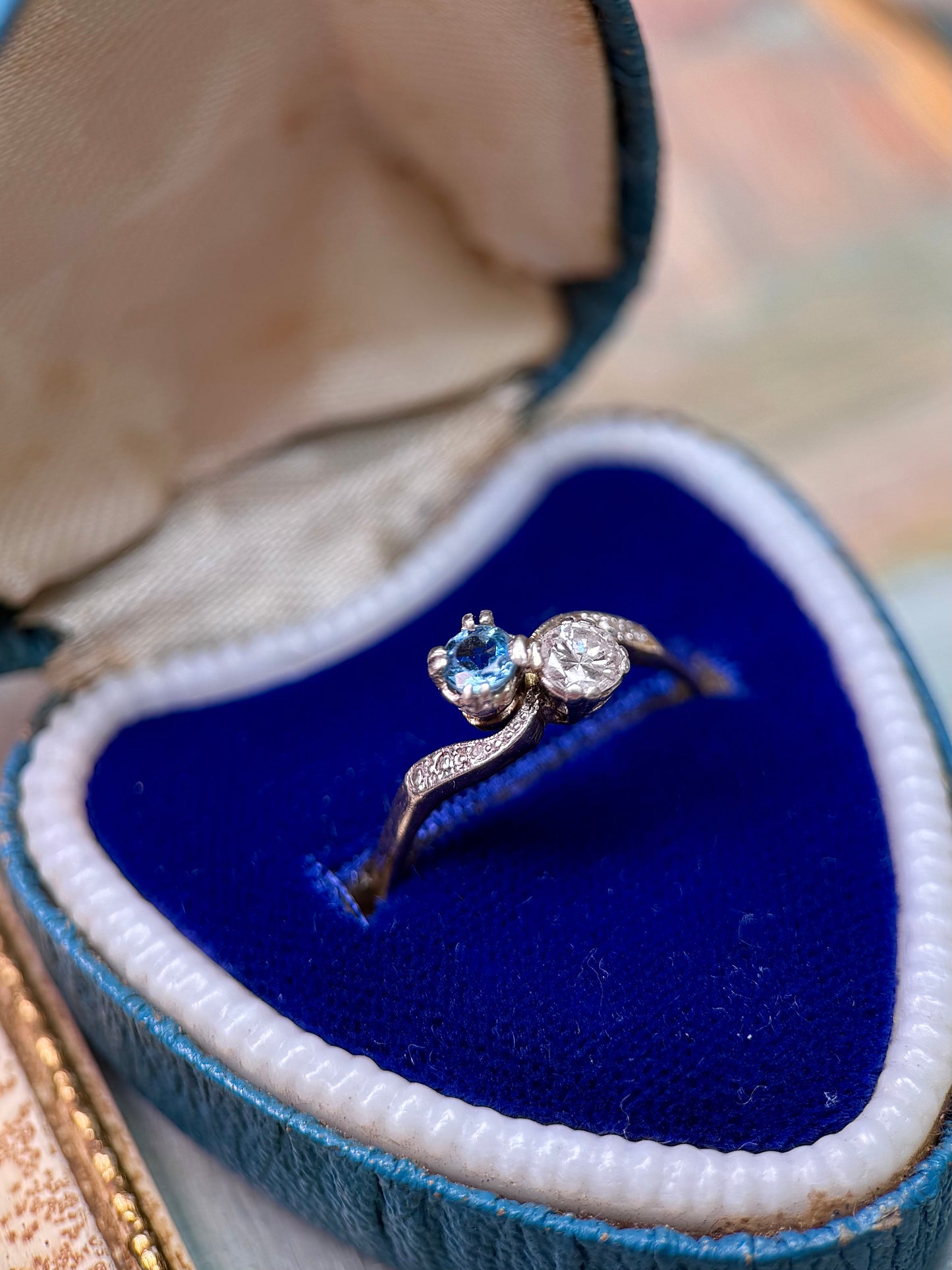Aquamarine & Diamond Crossover Ring