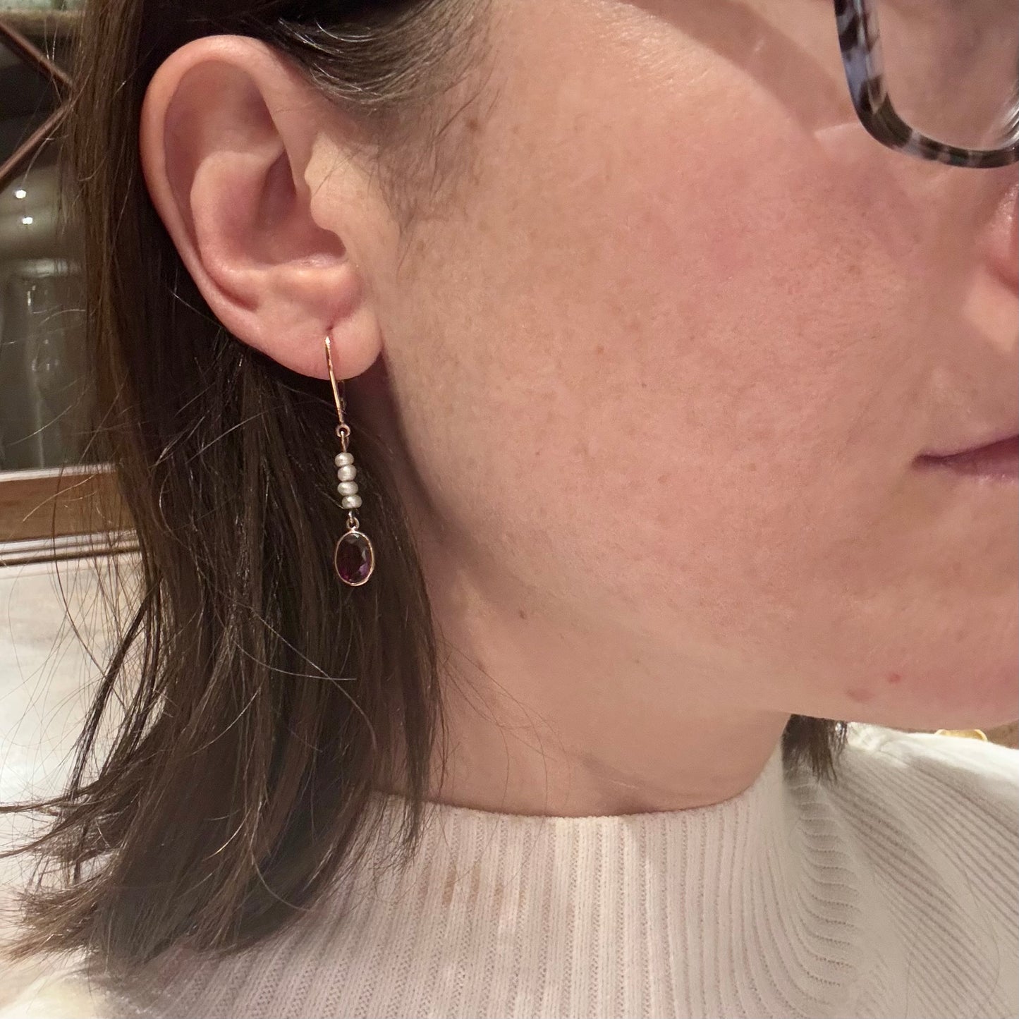 14 Carat Rhodolite Garnet & Seed Pearl Drop Earrings