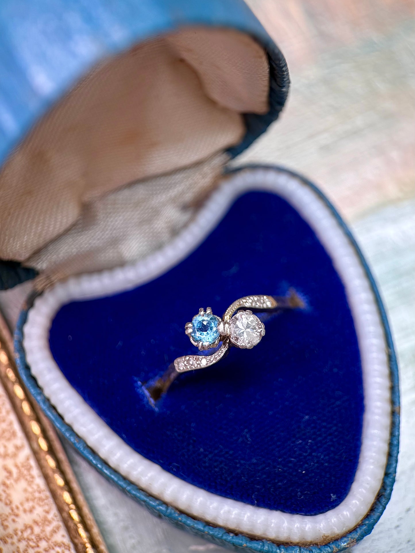 Aquamarine & Diamond Crossover Ring