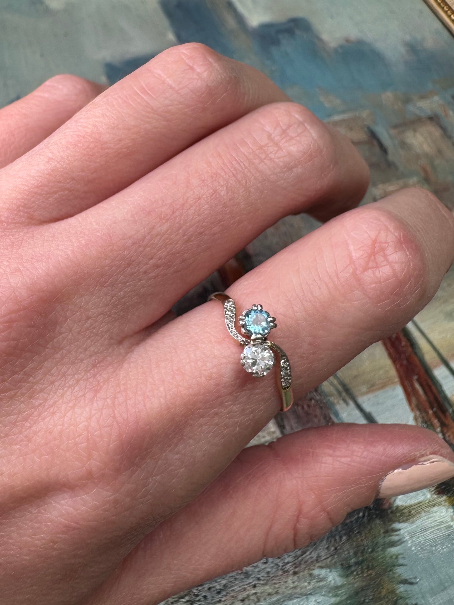 Aquamarine & Diamond Crossover Ring