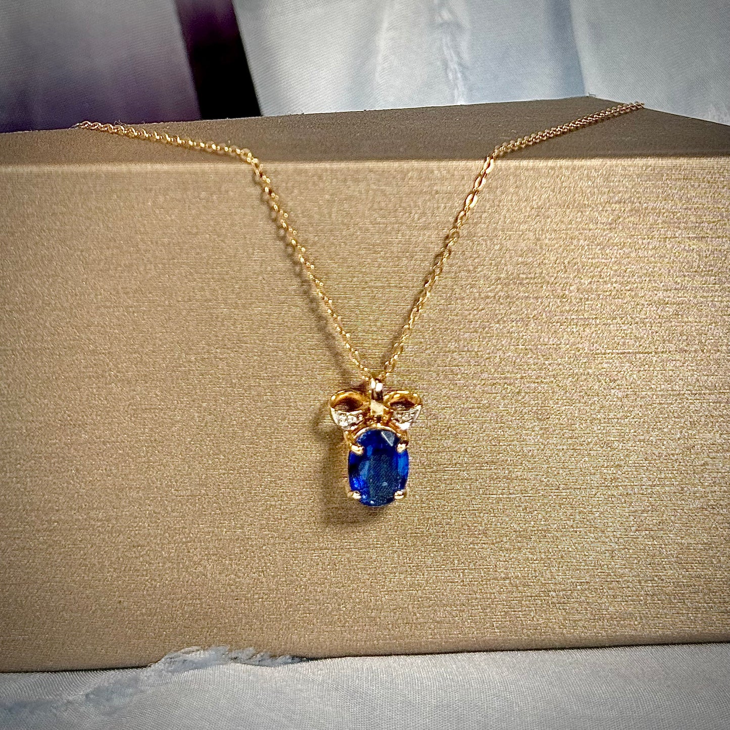 9ct Gold Kyanite Solitaire & Diamond “Bow” Necklace