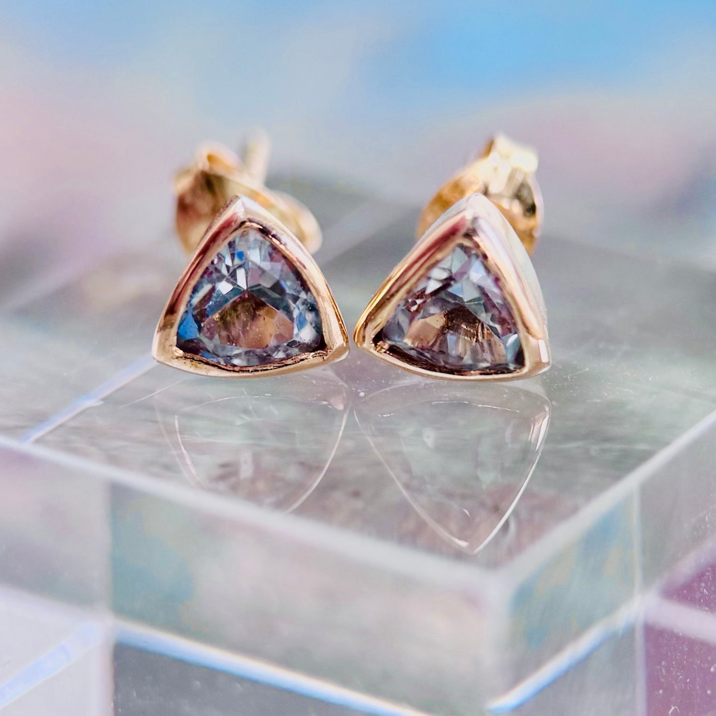 18 Carat Gold Topaz Trilliant Cut Stud Earrings