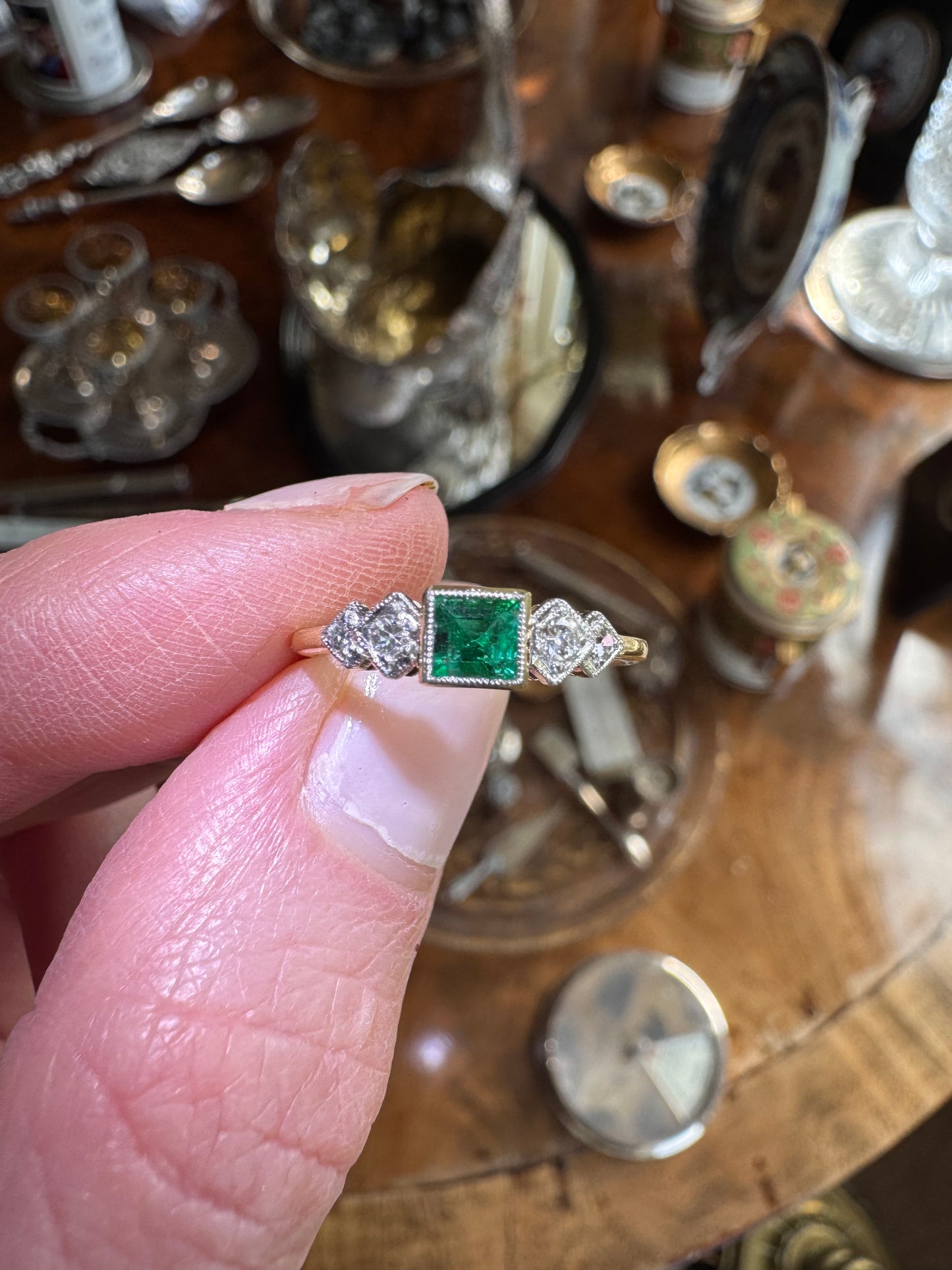 18 Carat Gold Art Deco Era Emerald & Diamond Ring