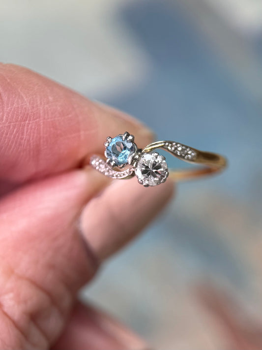Aquamarine & Diamond Crossover Ring