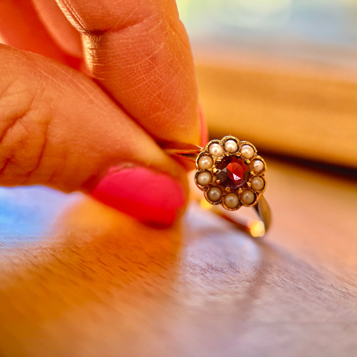 9 Carat Gold Garnet & Split Pearl Cluster Ring