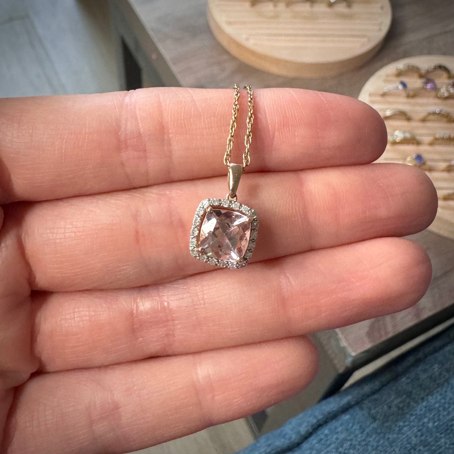9K Rose Gold 5ct Pink Morganite & Diamond Halo Necklace