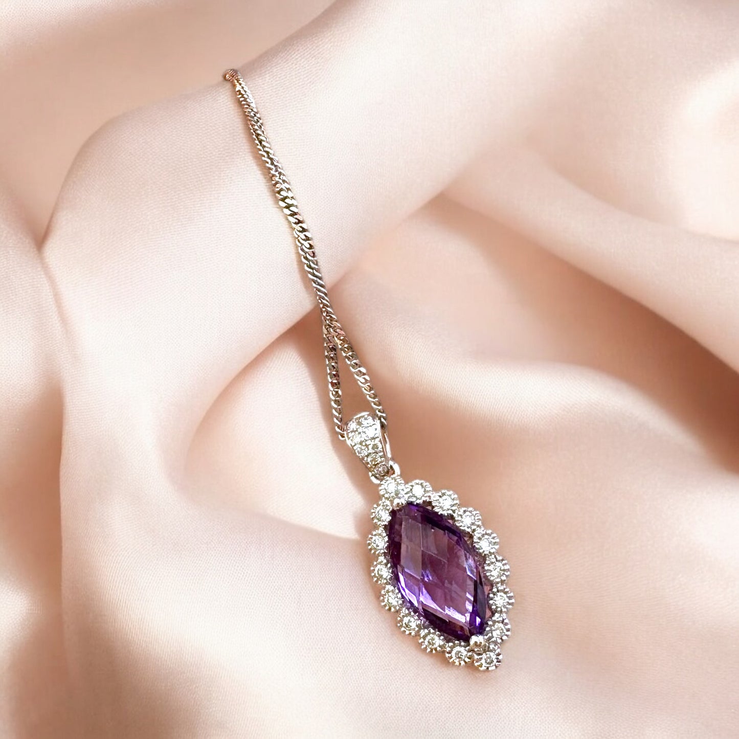 Amethyst & Diamond Halo Necklace on a 14K White Gold Chain