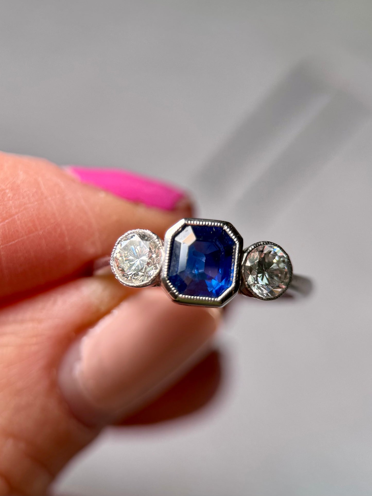 Unheated Royal Blue Burma Sapphire & Diamond Trilogy Ring