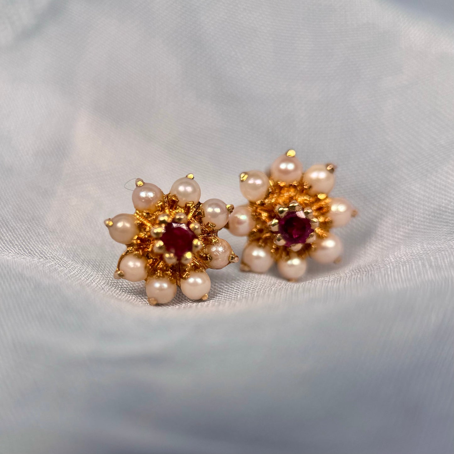 9 Carat Gold Ruby & Pearl Stud Earrings