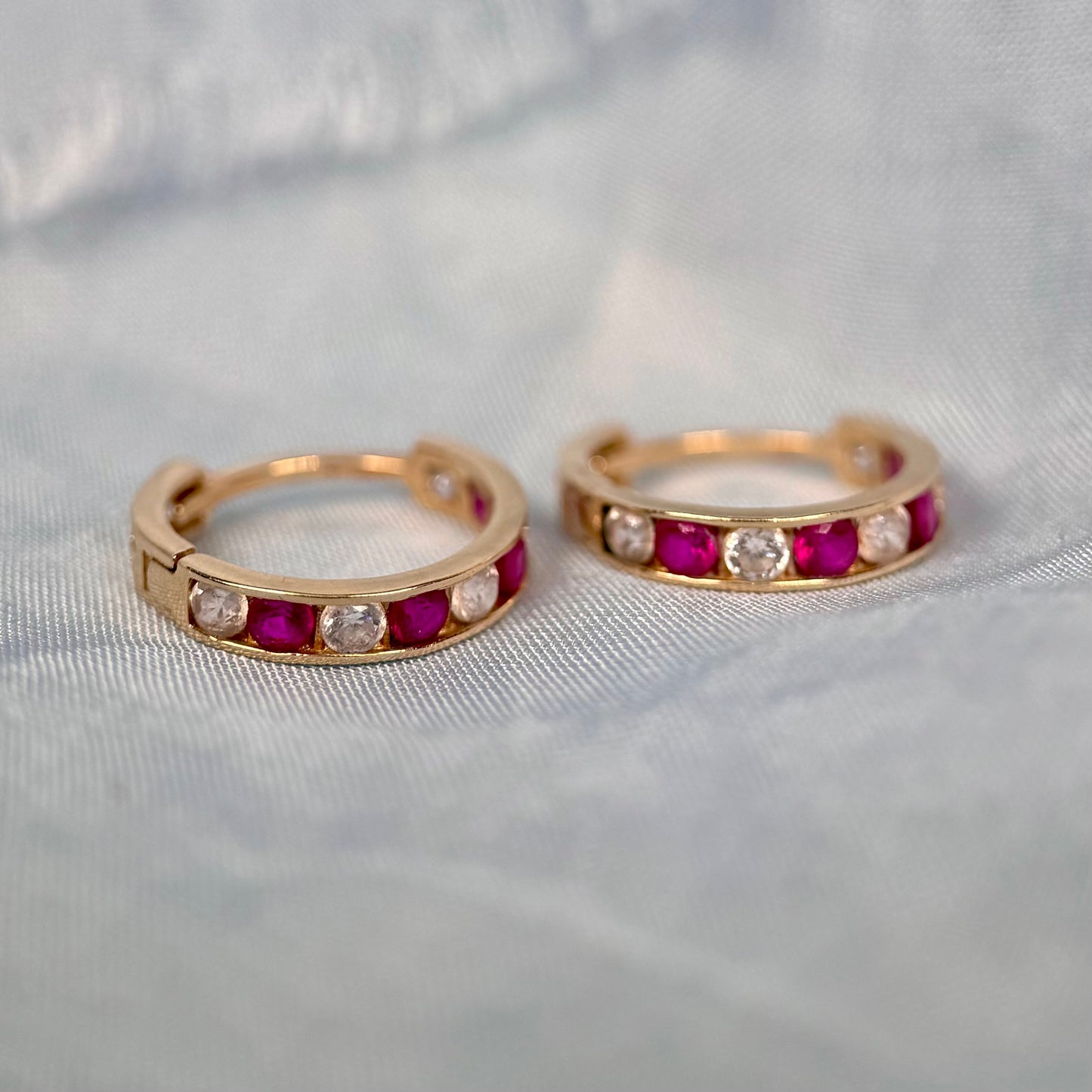 14 Carat Gold Ruby & Diamond Mini Hoop Earrings