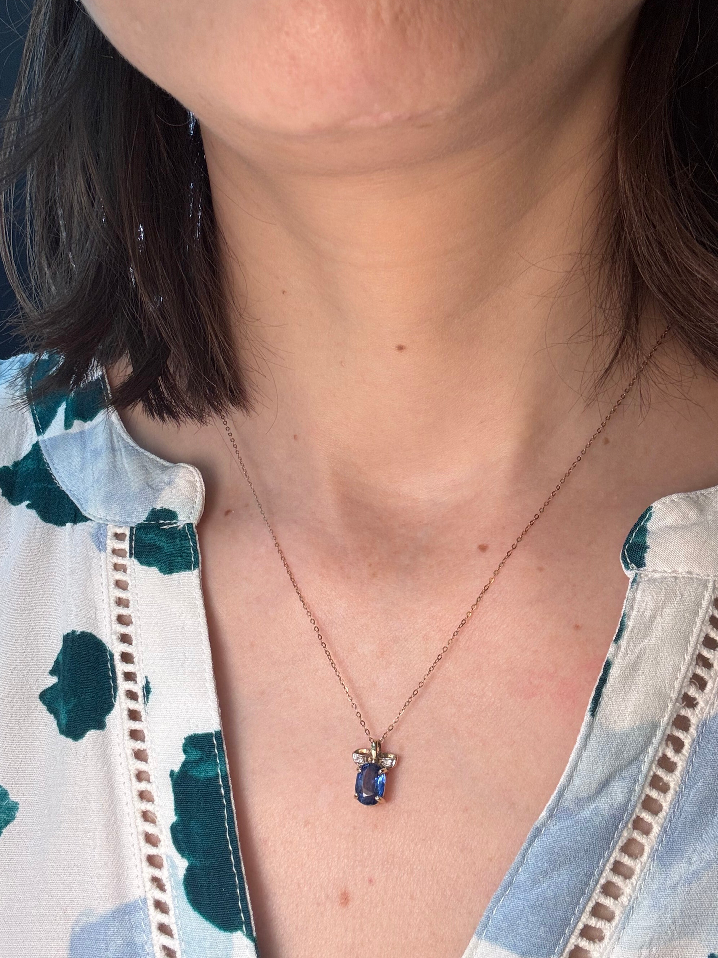 9ct Gold Kyanite Solitaire & Diamond “Bow” Necklace