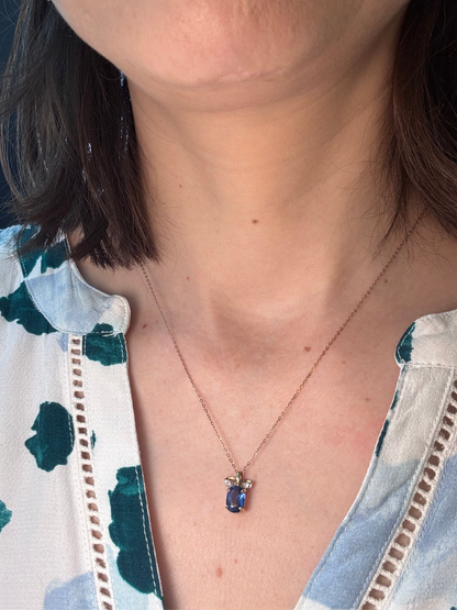 9ct Gold Kyanite Solitaire & Diamond “Bow” Necklace