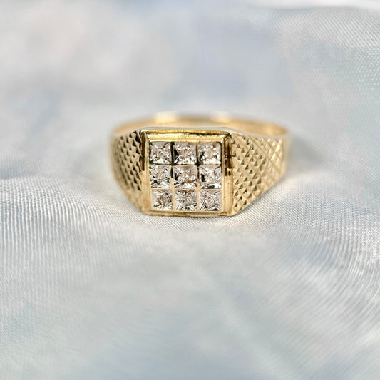 9 Carat Gold 3 Row Diamond Signet Ring