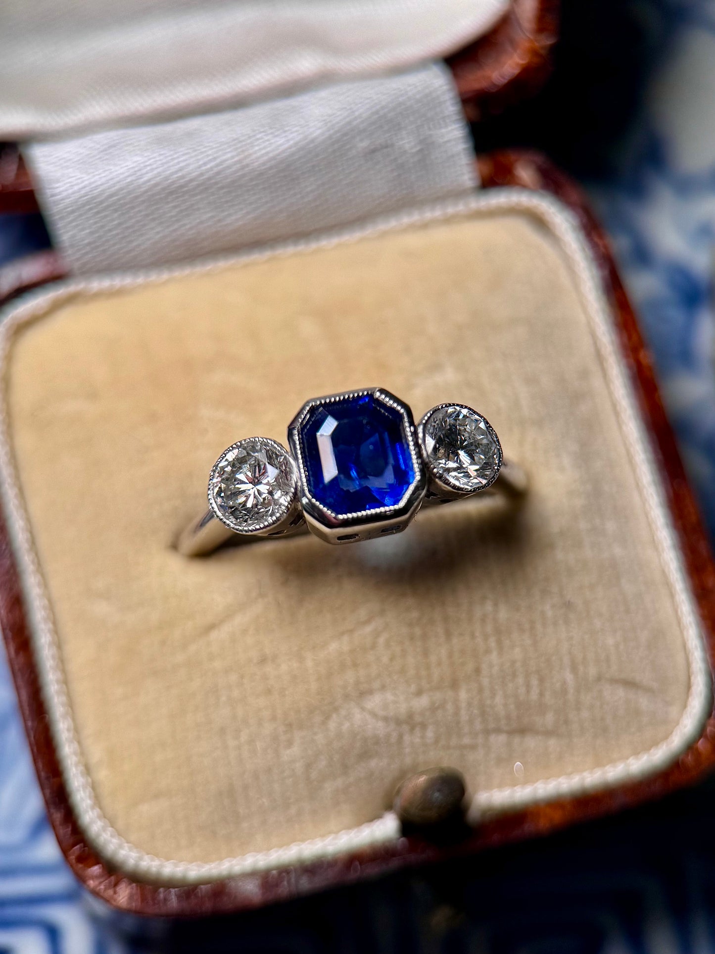 Unheated Royal Blue Burma Sapphire & Diamond Trilogy Ring