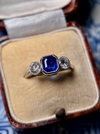 Unheated Royal Blue Burma Sapphire & Diamond Trilogy Ring