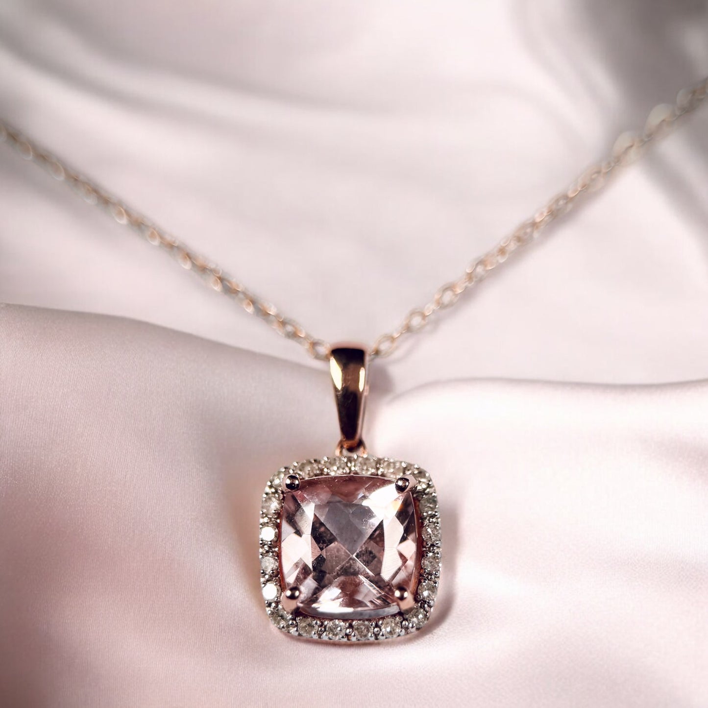 9K Rose Gold 5ct Pink Morganite & Diamond Halo Necklace