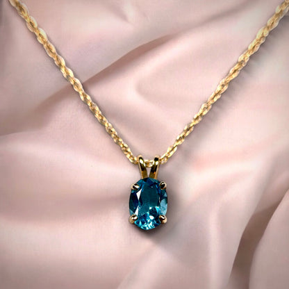 14K Gold Blue Topaz Solitaire Necklace