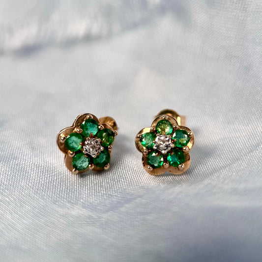 Emerald & Diamond Flower Stud Earrings