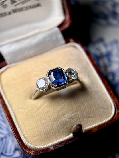 Unheated Royal Blue Burma Sapphire & Diamond Trilogy Ring