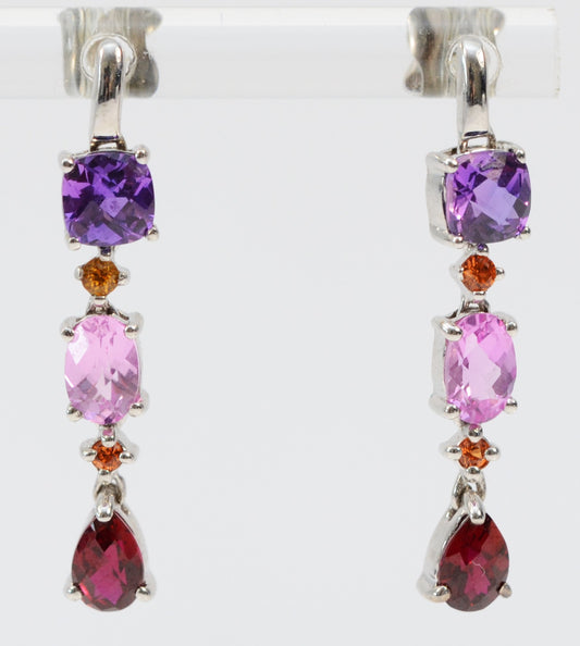 9 Carat White Gold Multi Coloured Gemstone Drop Earrings