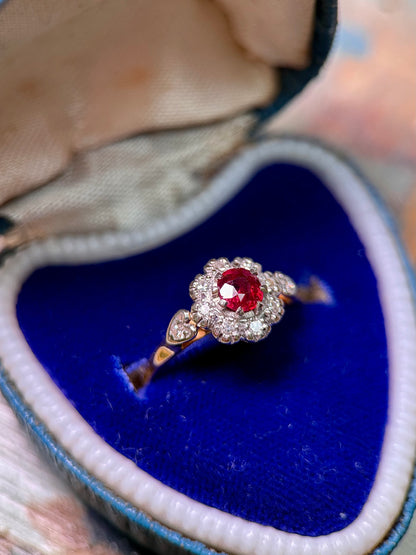 18ct Gold Ruby & Diamond “Heart” Cluster Ring