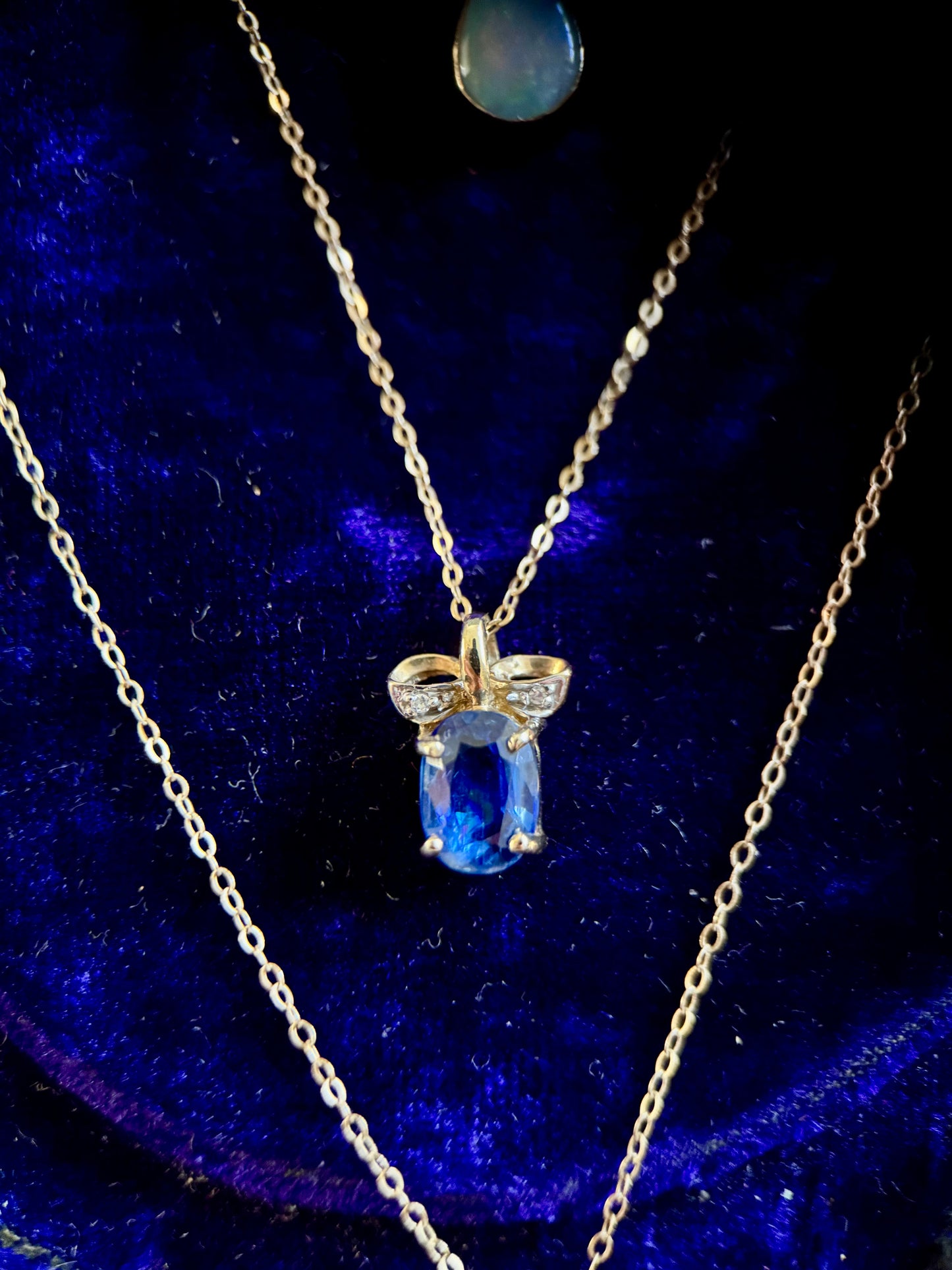 9ct Gold Kyanite Solitaire & Diamond “Bow” Necklace