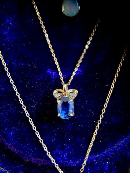 9ct Gold Kyanite Solitaire & Diamond “Bow” Necklace