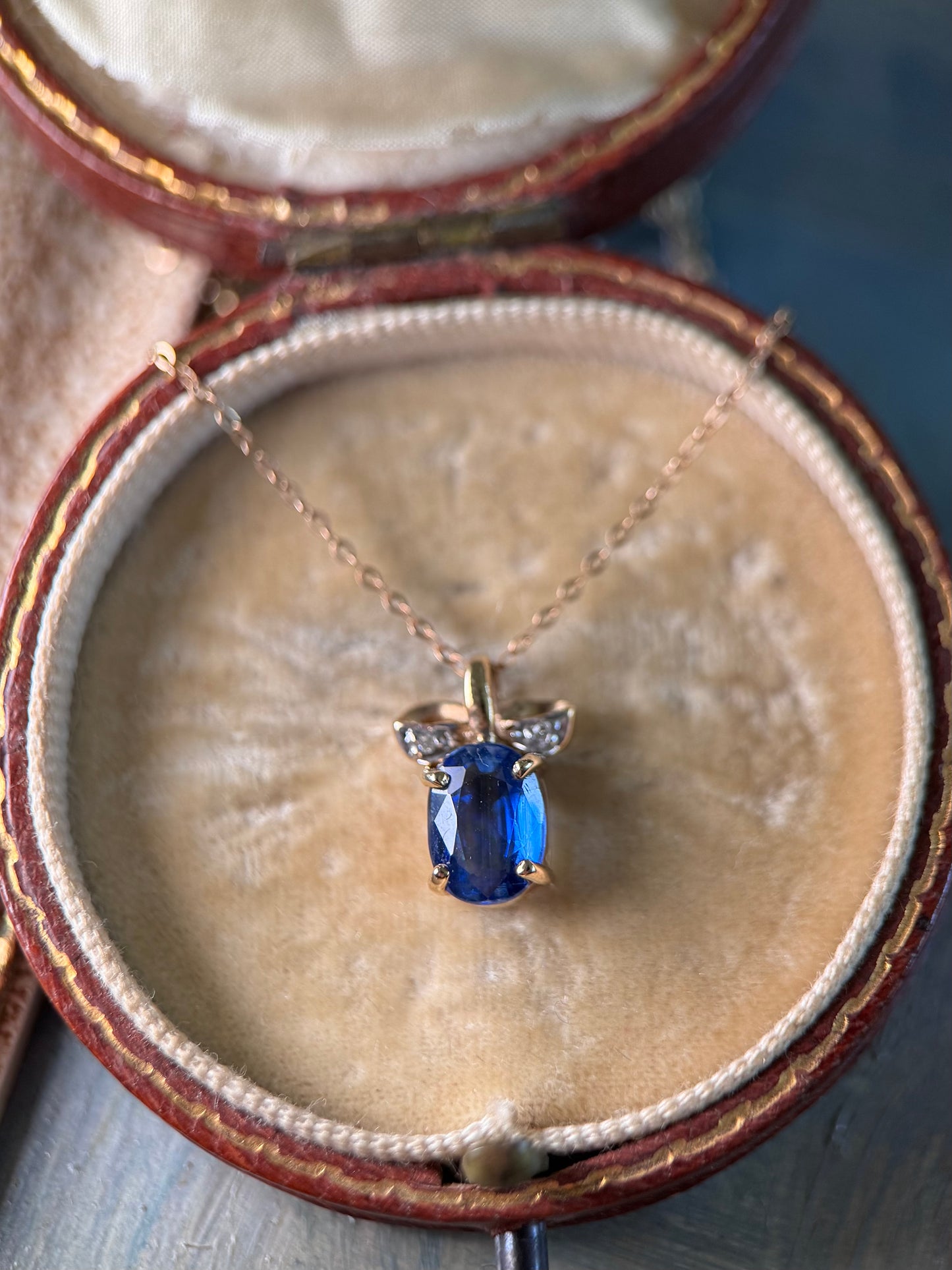 9ct Gold Kyanite Solitaire & Diamond “Bow” Necklace