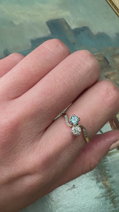 Aquamarine & Diamond Crossover Ring