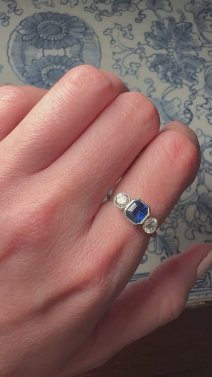 Unheated Royal Blue Burma Sapphire & Diamond Trilogy Ring