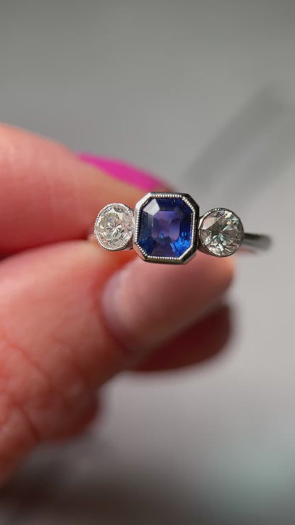 Unheated Royal Blue Burma Sapphire & Diamond Trilogy Ring