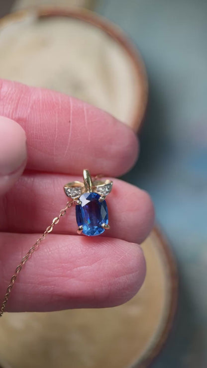 9ct Gold Kyanite Solitaire & Diamond “Bow” Necklace